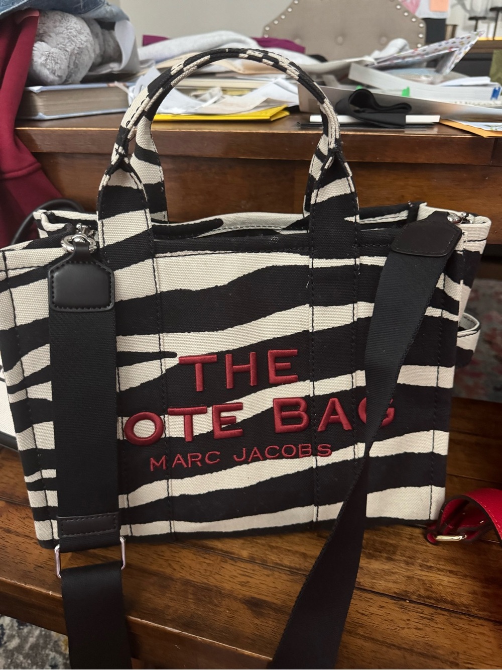 Marc Jacobs Black & White Zebra Stripe Canvas Messenger Tote with Red Logo